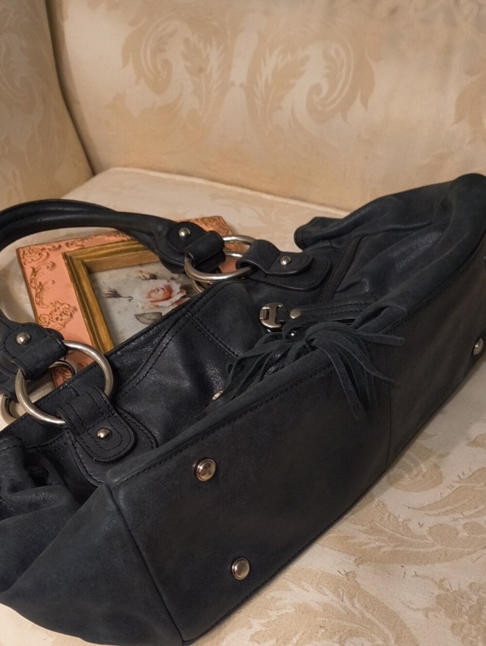 b. makowsky Black Leather Shoulder Bag with Silver Rings - Picture 5 of 8
